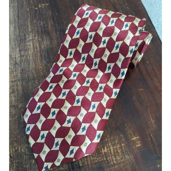 Jos.A.Bank 100% Silk Necktie Geometric Formal Print Red Gold Blue - Picture 6 of 12